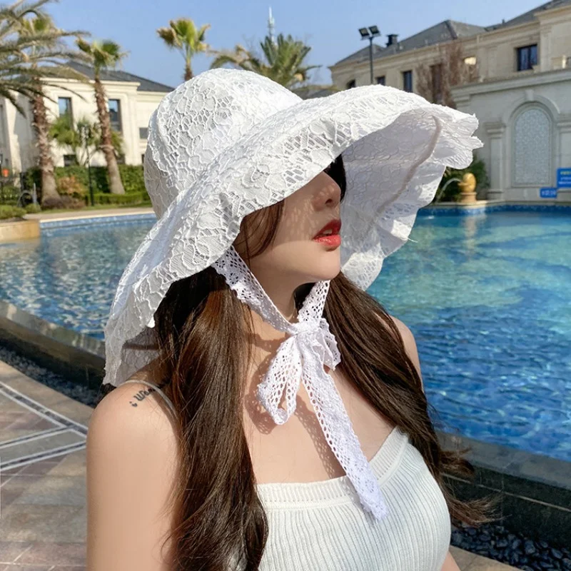 White Lace Sun Hat Summer Hats for Women Bucket Hat Beach Sunhat Large Wide Brim Summer Cap for Women