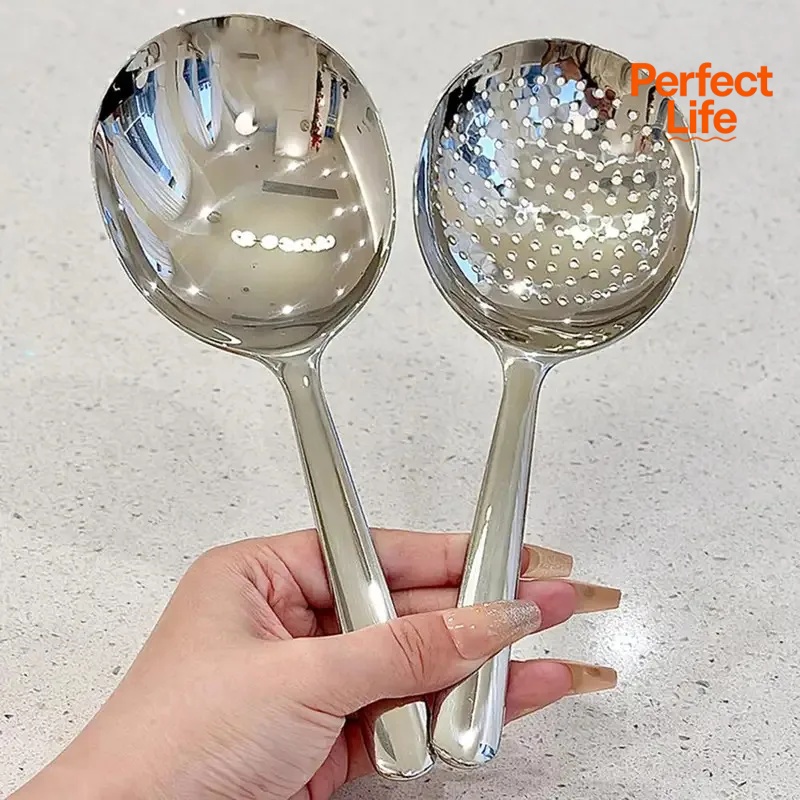 1Pc Stainless Steel Ladles For Serving Soup Rice Serving Spoon Drain Hole Heat Insulated Handle Kitchen Utensils For Daily Use