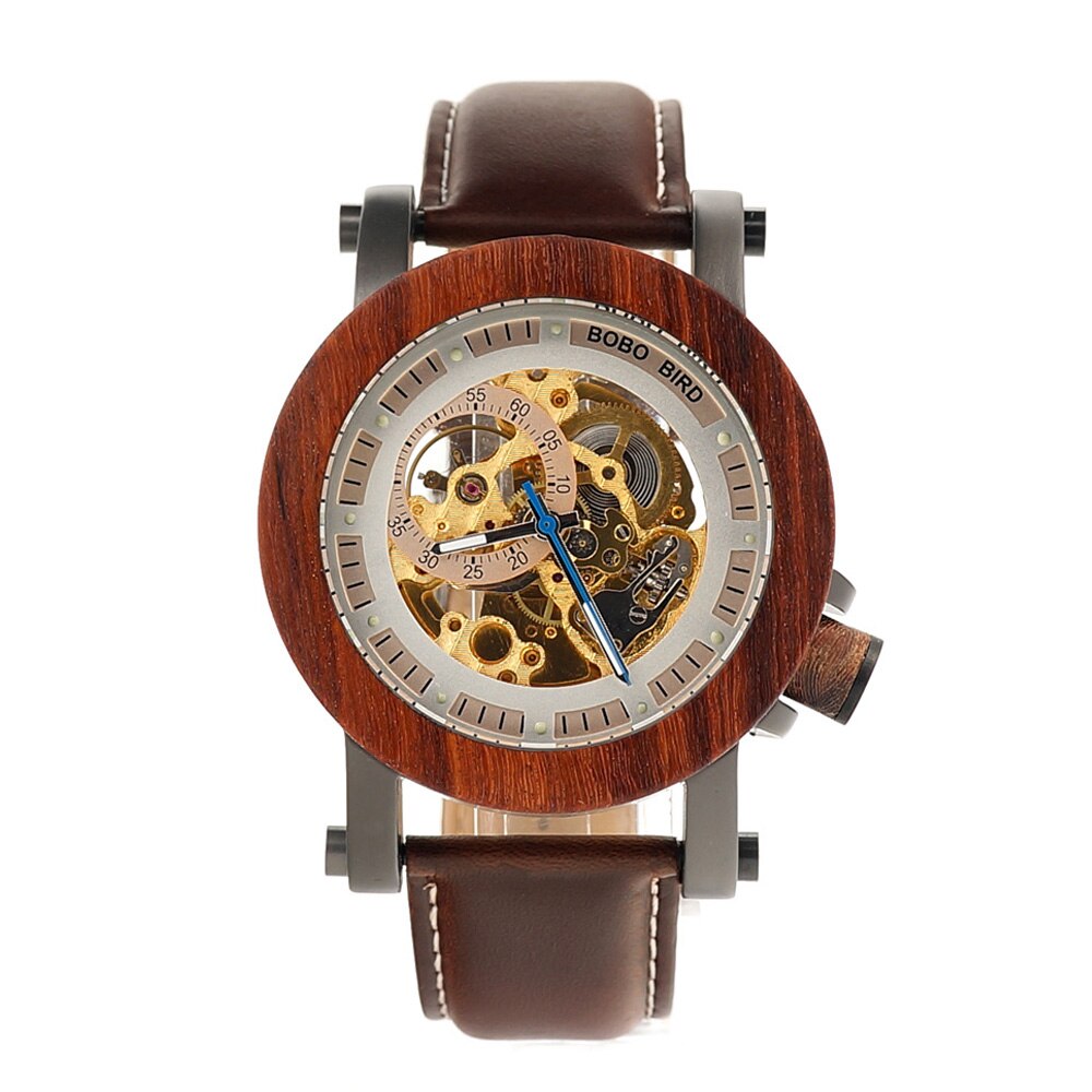 Bobo Vogel Houten Mechanische Horloges Heren Horloges Voor Man Mechanische Horloges Mannelijke Luxe Lederen Band Relogio Masculino: GK012-1