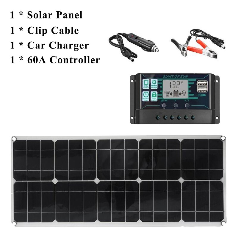 Solar Panel System 200W Solar Panel + MPPT Solar Charger Controller PWM LCD Display Dual USB Port Portable Phone Power Supply: With 60A Controller