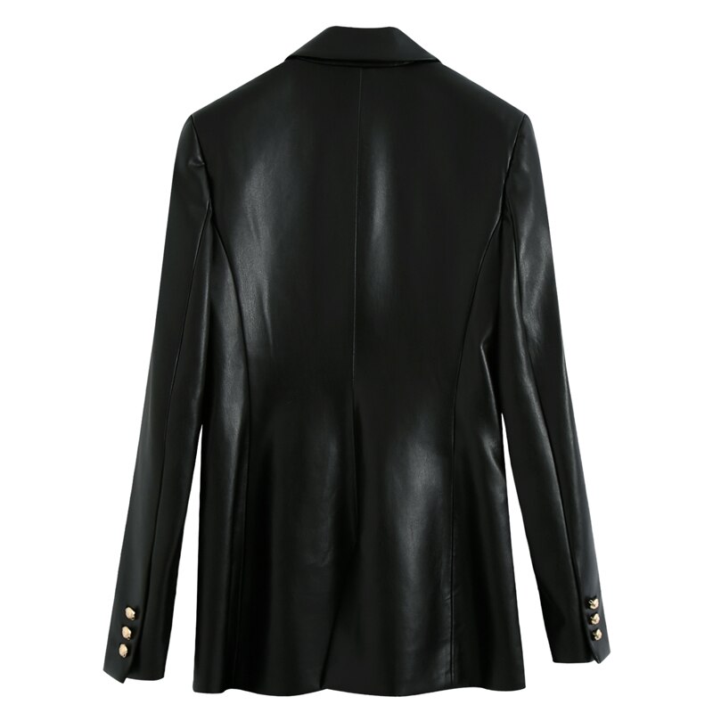 RR negro PU cuero chaquetas con muescas mujeres Triple pecho chaquetas mujeres elegantes trajes de manga larga Mujer señoras HAE