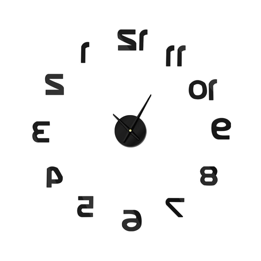 Backwards DIY Wall Clock Reverse Large Numer Wall Clock 3D Giant Mirror Sticker Huge Wall Watch Living Room Decoration: Black / 12  inch