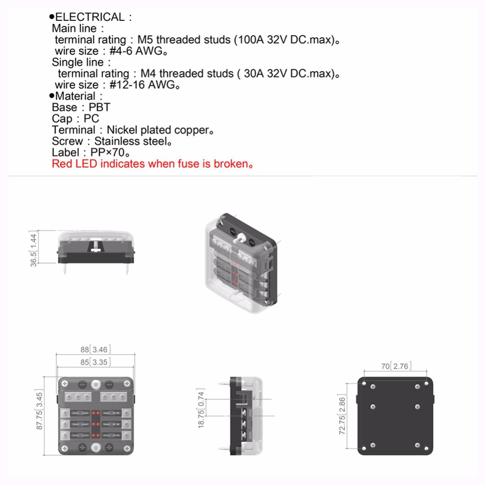 DC 12-32V Truck Motorhome Coach Boat Bus Bar Power Distribution Block Double Busbars 6-way12-way Fuse Box with LED Lights 100Amp