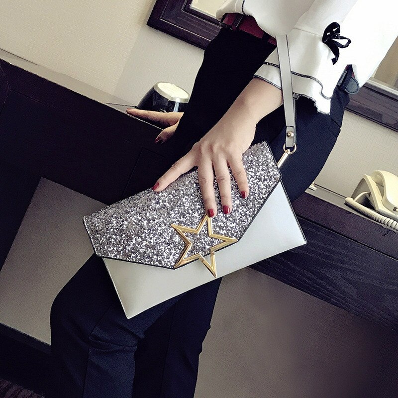 mixtx Women Envelope Clutch Bag Sequin Star Banquet Bag Patchwork Crossbody Wristband Bag Female Messenger Handbags: gray and silver