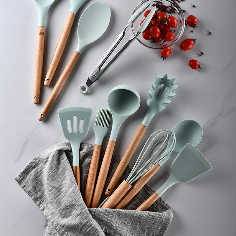 12pcs Kitchen Utensil Set Silicone Cooking Tools Household Wooden Koken Gereedschap Met Opbergdoos Turner Tang Spatel Turner