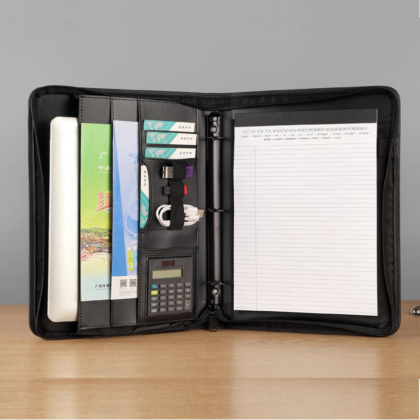 executive A4 folder zipper padfolio business organizer documents holder 3-ring binder PU leather document bag with calculator