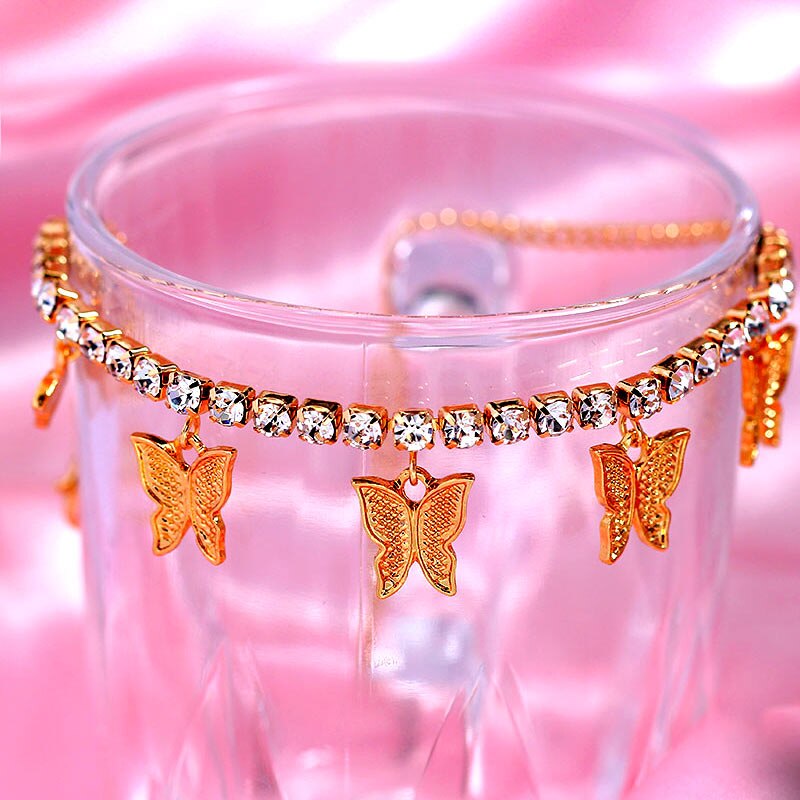 Gold Silver Color Rhinestone Tennis Anklet Jewelry for Women Crystal Butterfly Pendant Anklet Beach Foot Chain