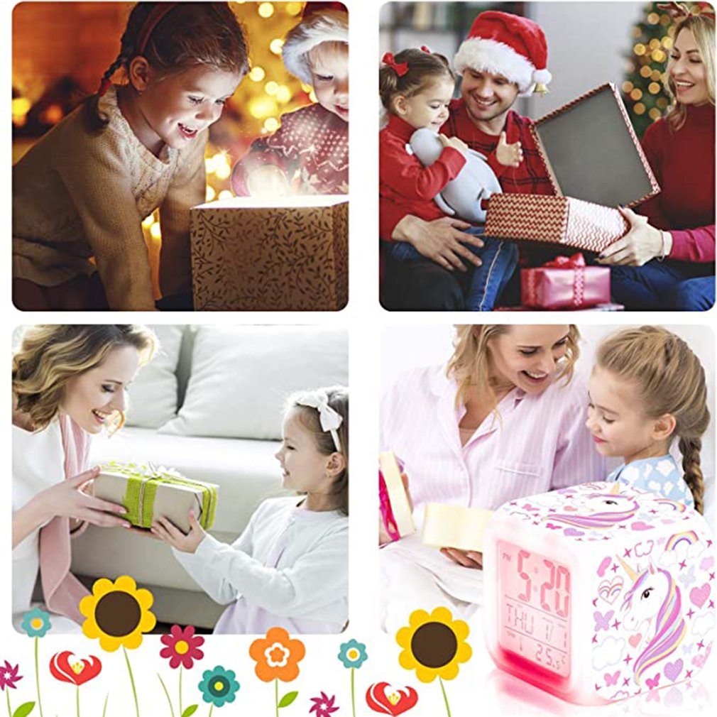 4-sided Unicorn Pattern And 7 Kinds Of LED Luminous Wake-up Bedside Clock Unicorn Room Decoration Children's Alarm Clock