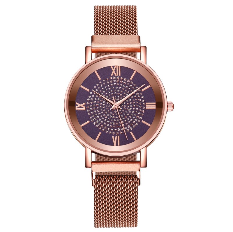 Relojes de de lujo para mujer, elegantes relojes de pulsera de oro para mujer, reloj de pulsera de cuarzo con hebilla magnética de malla inoxidable: purple