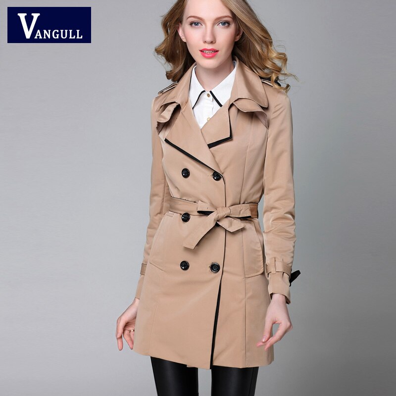 VANGULL 2022 Brand Classic European Trench Coat khaki Black Double Breasted Women Pea Coat real photos