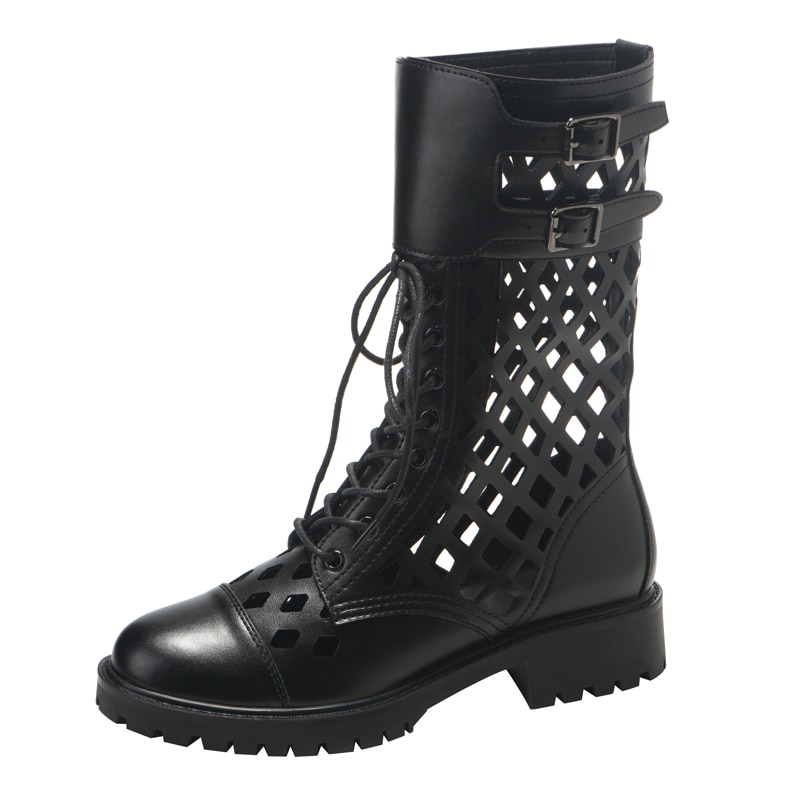 Svarte støvler punk motorsykkel støvler til kvinner hule knehødu støvler sommer snøre lange støvler damesko femmes bottes