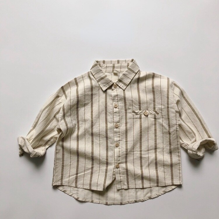 Estilo coreano meninos listra vertical algodão camisas crianças turn-down collar casual legal topos: 4 T