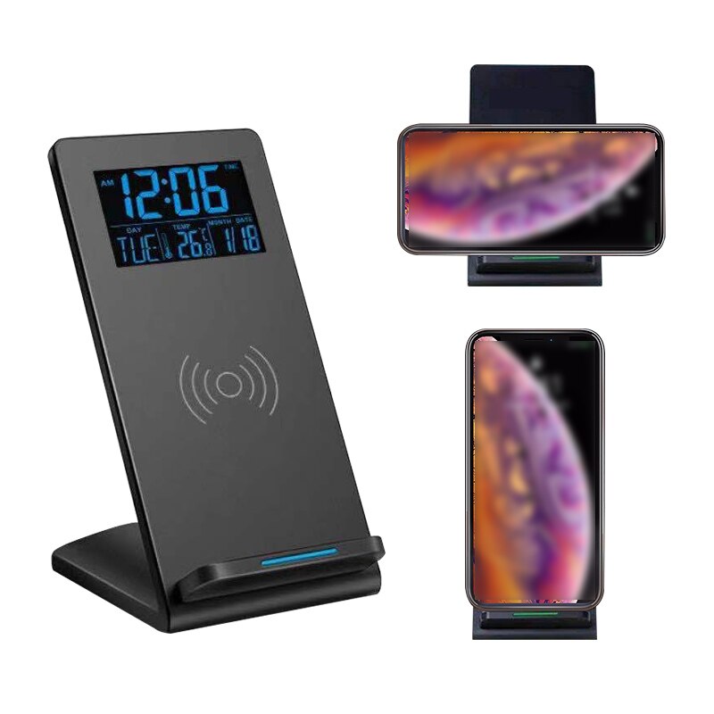 Trådløs oplader holder 10w hurtig telefon oplader stativ desktop oplader telefon holder med digitalt vækkeur til kontor soveværelse