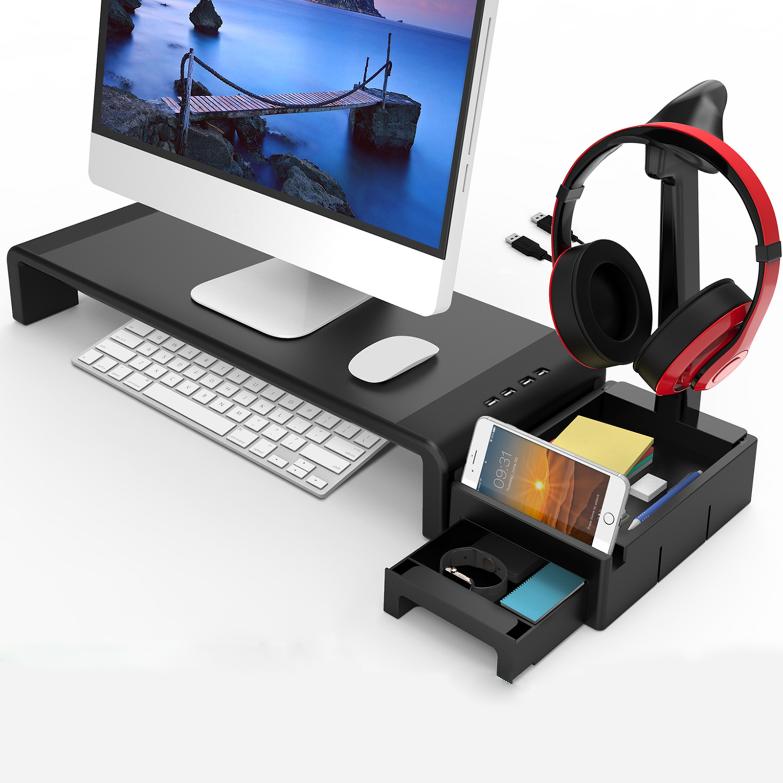 Soporte elevado para Monitor, caja de almacenamiento plegable con cajón para auriculares, carga USB