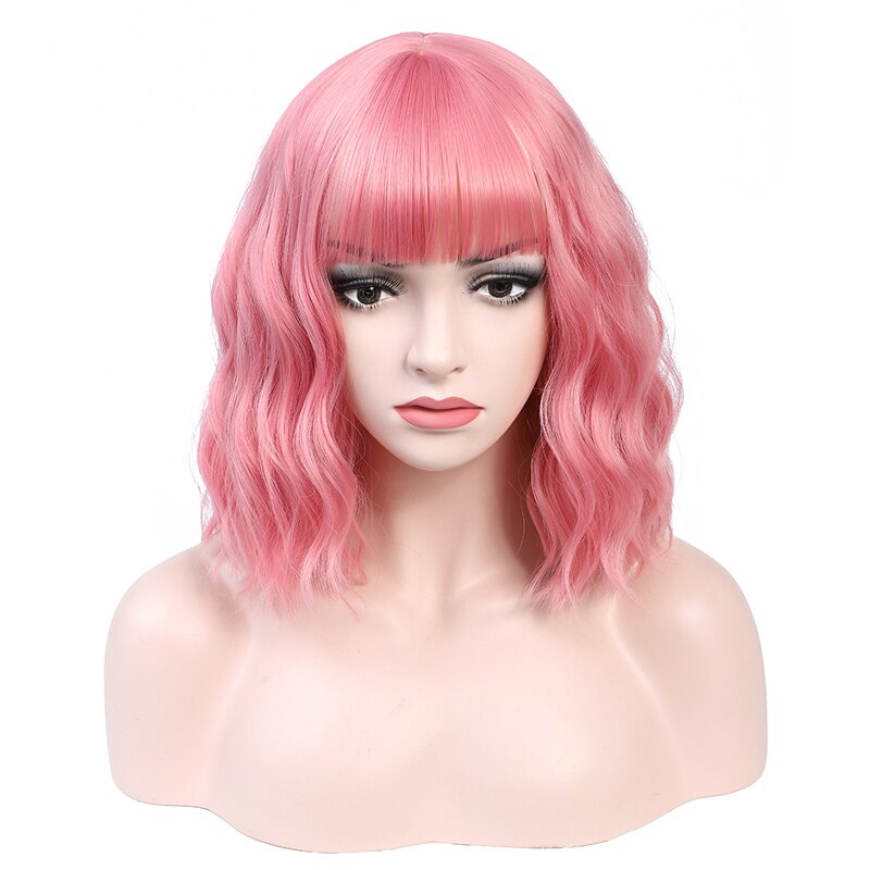 Perucas de cabelo curto ondulado sintético da onda de água com franja fibra resistente ao calor cosplay peruca de cabelo diário preto vermelho azul claro