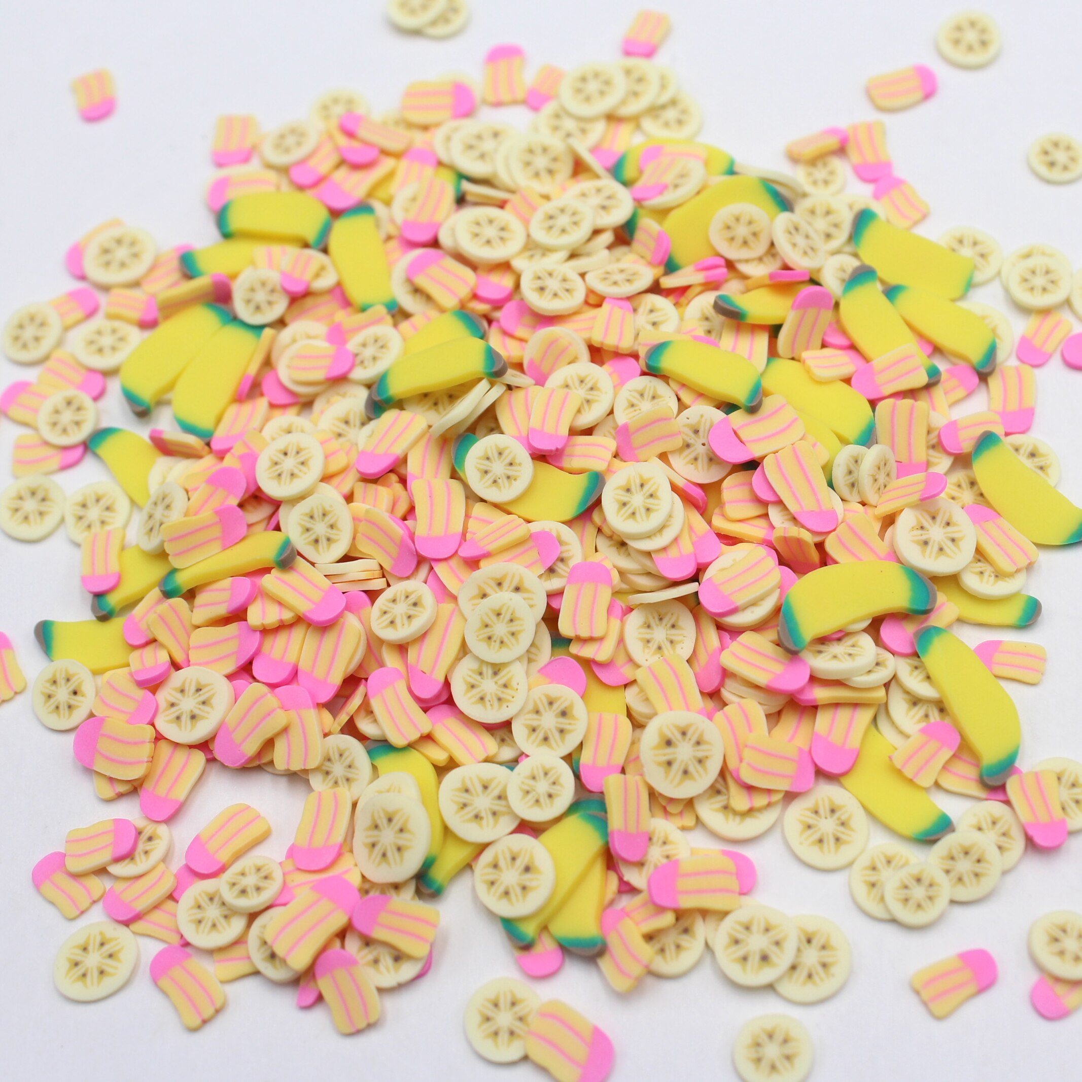 100g/ lot multifrukter lera skivor mjuk keramik äpple citron strössel för pyssel hantverk fyllning tillbehör