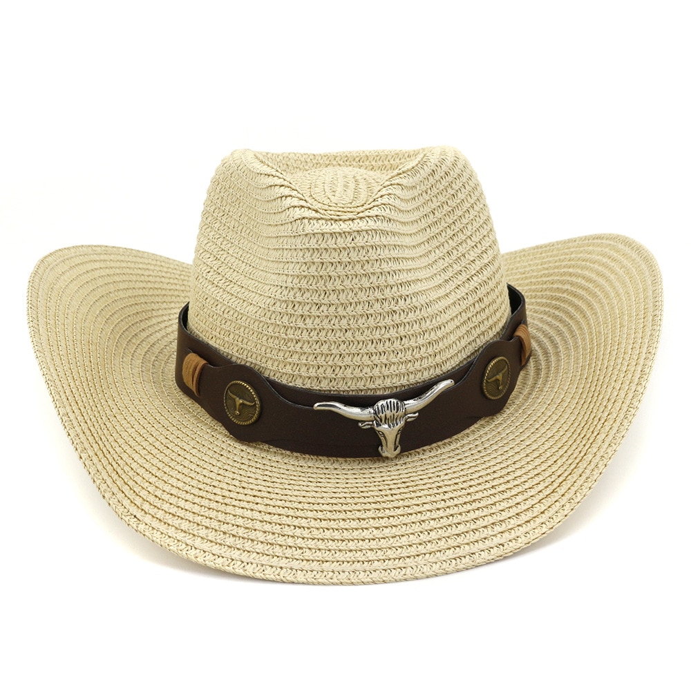 Qbhat unisex papir cowboy hatte bred skygge solbeskyttelseshætte mænd kvinder strand solhat solskærm cap jazz stråhat sombrero: Beige