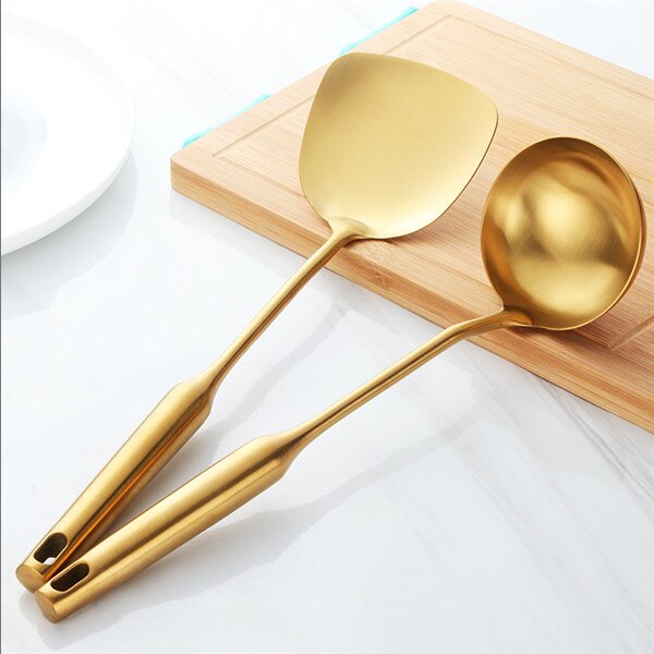 Stainless Steel Spatula Soup Spoon Set Heat-resistant Non-stick Cooking Tool Long Handle Kitchen Tool Accessories 2 Pcs/Set: golden