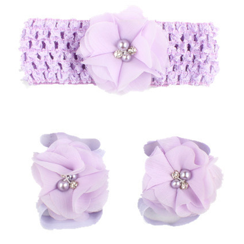 3 Pieces A Set Cute Baby Girls Toddler Flower Hairband Headband Flower Barefoot Sandal / Shoes Set Children Accessories: purple