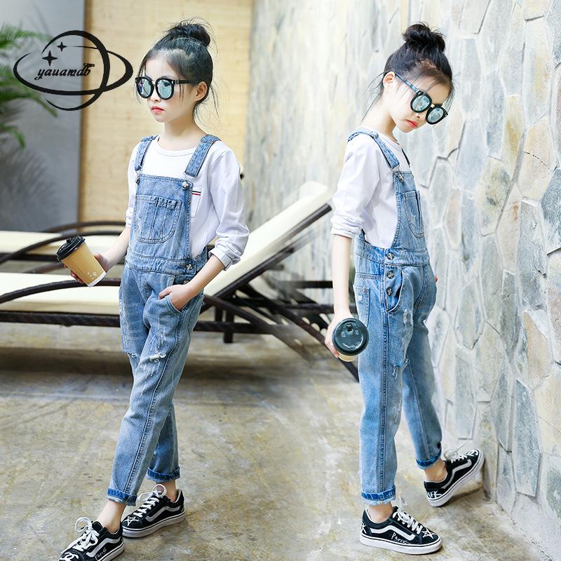Monos de para niños, monos vaqueros para niñas de 6-15 años, pantalones vaqueros a rayas, ropa para niños, pantalones con agujeros, ropa Y52