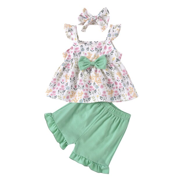 Tenues d'été pour bébés filles, manches volantées imprimées de fleurs, hauts à nœud papillon + Shorts à volants de couleur unie + vêtements à bandeau: green / 12M