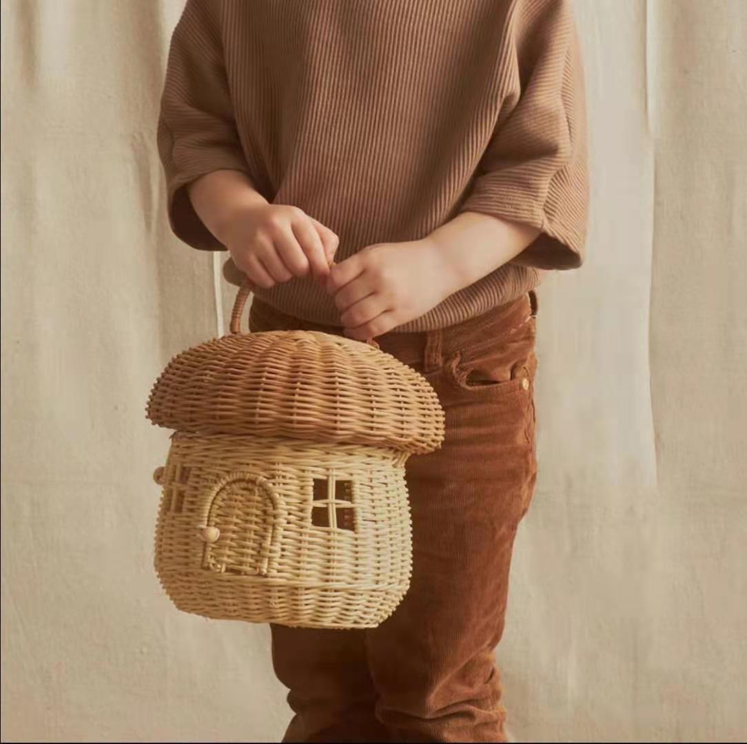 Cesta de mimbre hecha a mano con forma de seta para niños, bolso de mano para niña, bolso de playa de ratán, decoración para niños