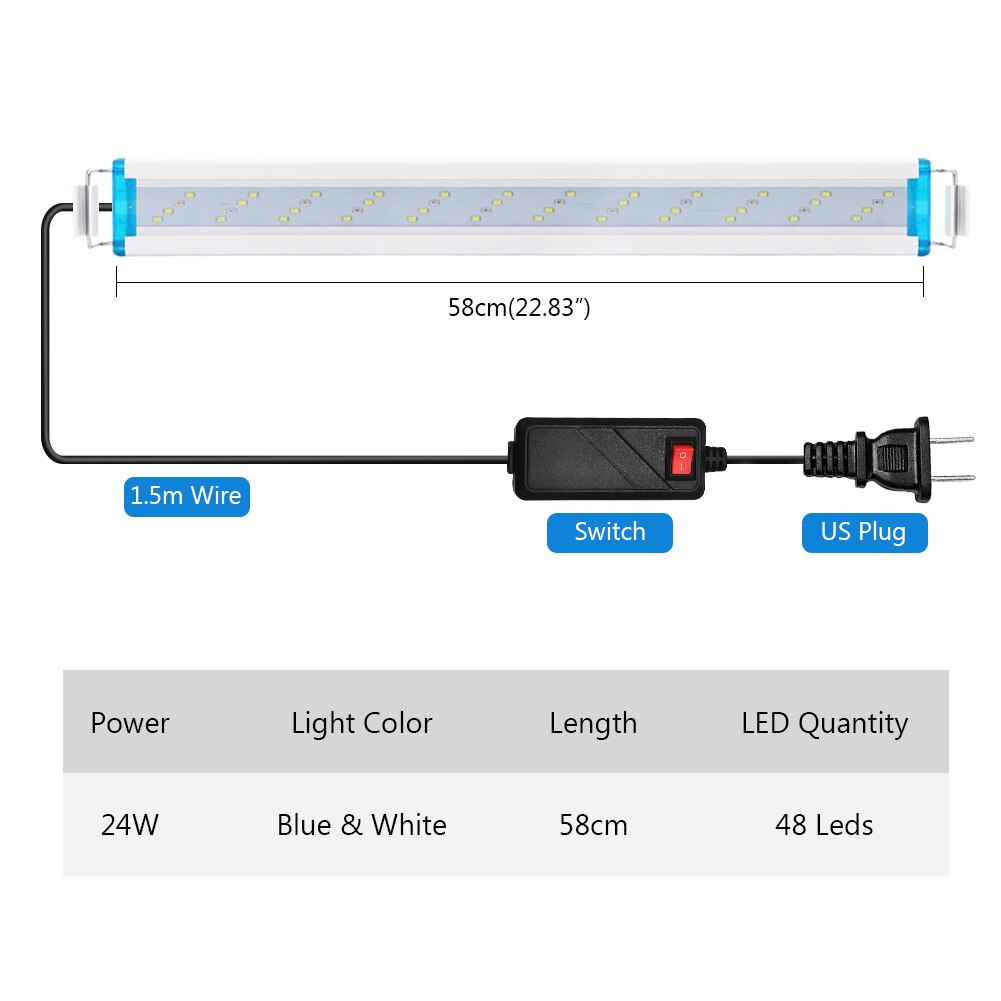 Waterdichte Vis Armatuur Verstelbare Aquarium Licht Plant Lamp Ac 90-260V Decor Wit Blauw Verlichting Super Slanke Leds us/Eu Plug: US plug-58cm