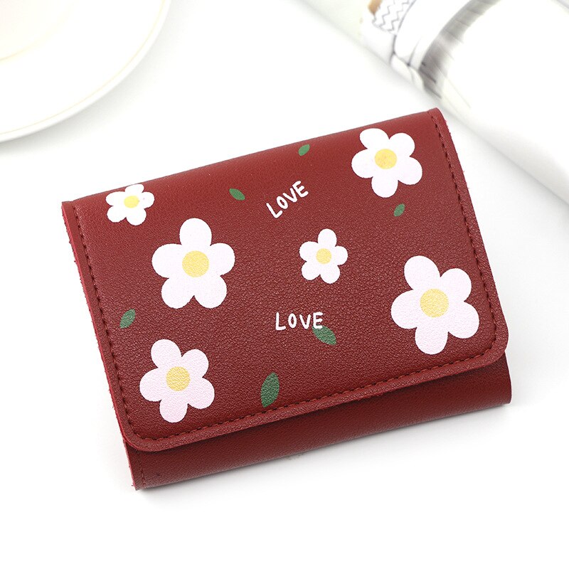 Japanese Mini Wallet Female Small Ultra-thin Cute Floral Tri-fold Leather Coin Purse Simple Short Student Mini Card Holder: Red