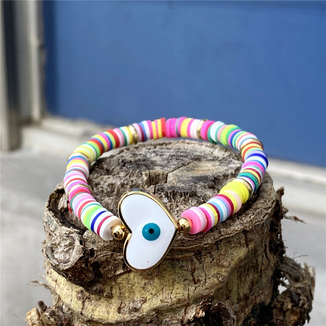 Boho boze oog armband polymeer klei afrikaanse armbanden meisje heishi schijf kralen ojo turco vrouwen koppels armband: Wit / 17cm