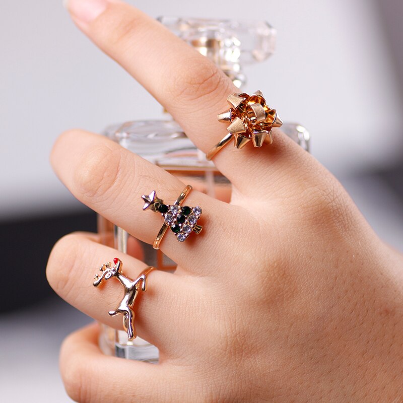 6-piece conjunto de bonito dos desenhos animados elk árvore de natal anel abertura ajustável liga moda senhoras enfeites de natal presentes do feriado
