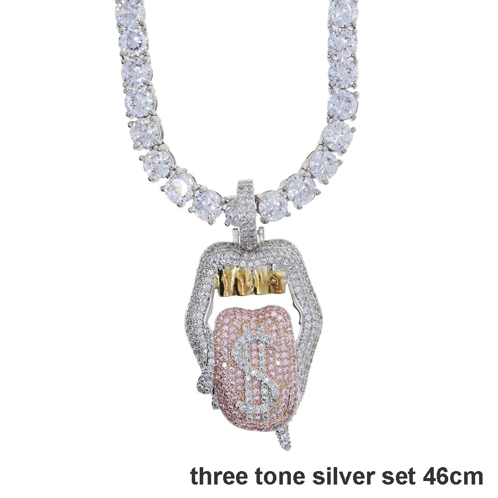 Iced out white pink mouth pendant Dollar symbol engraved hiphop bling cz pave tennis chain dripping Lip men boy necklace jewelry: three tone set 46cm