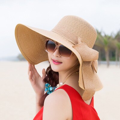 Women Ladies Summer Hats Straw Hats Bow Beach Foldable Sun Hats: Soild Khaki
