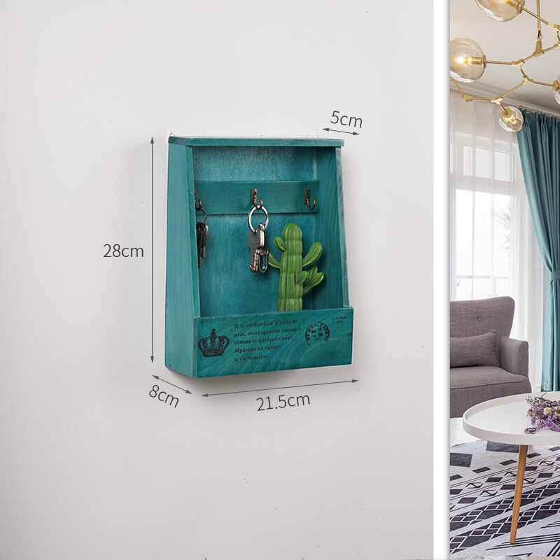 Wooden Key Holder Box with 6 Hooks Wall Mounted Handmade with Rustic Finish for Home Decor WJ021711: B-BLUE