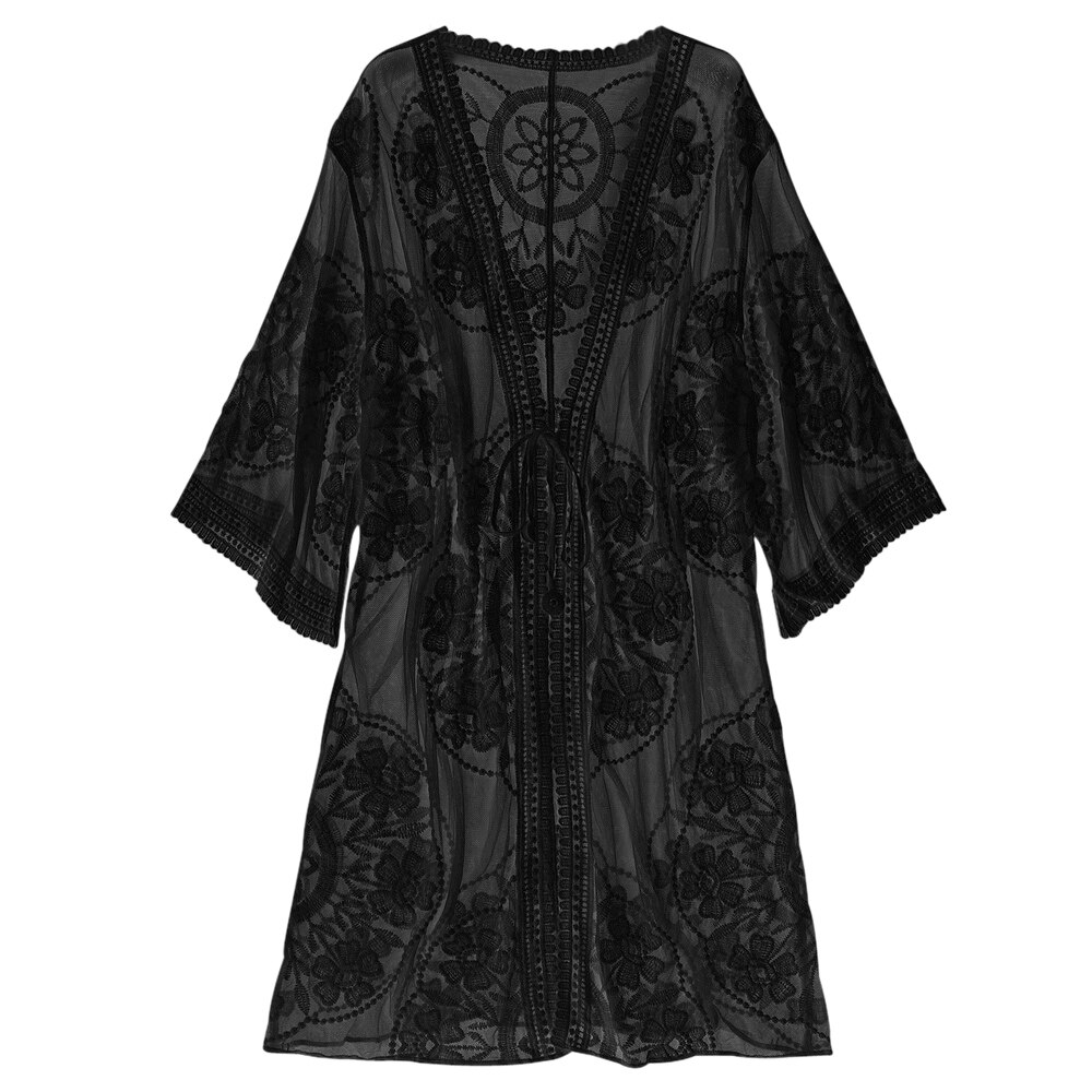 ZAFUL Women Sheer Lace Tie Front Kimono Cover Up Sunscreen Blouse Embroidered Cover Up Floral Thru See Through Cotton Summer: Black