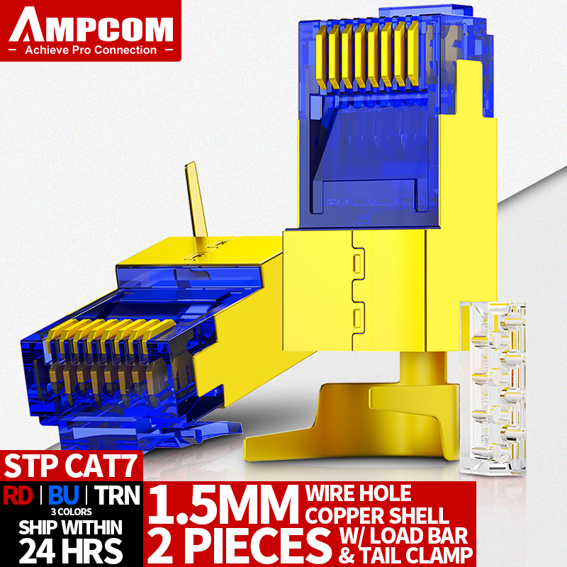 AMPCOM CAT7 RJ45 Connector, Pass Through CAT6A rj 45 Ethernet Plug for CAT 7 Solid or Stranded Network Cable with 1.5mm Load Bar: Blue / 0.9m