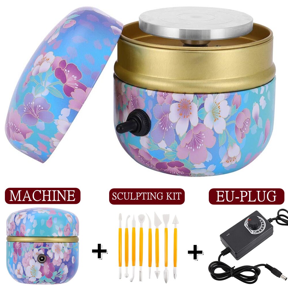 Mini Electric Pottery Wheel with Tray+Sculpting Kit, Pottery Forming Machine for Ceramic Clay Tools Art Crafts Pottery Turntable: Blue EU-PLUG