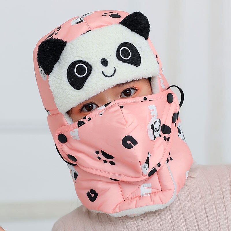 Gorros de bombardero afilados de panda para niño y niña, gorro de invierno con bufanda, máscaras de cuello, gorro de nieve de algodón, orejeras, sombrero ruso, máscara cálida