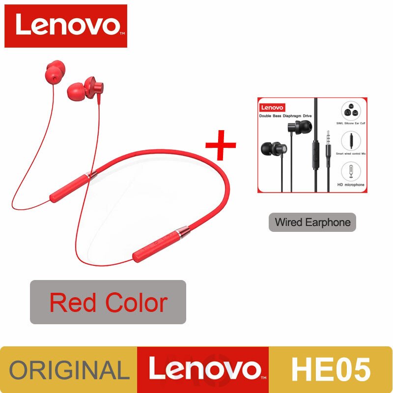 Original Lenovo HE05 Bluetooth 5.0 Wireless Magnetic Neckband Running Sports Earphone Earplug with Waterproof Noise Canceling: HE05 Red add TW13