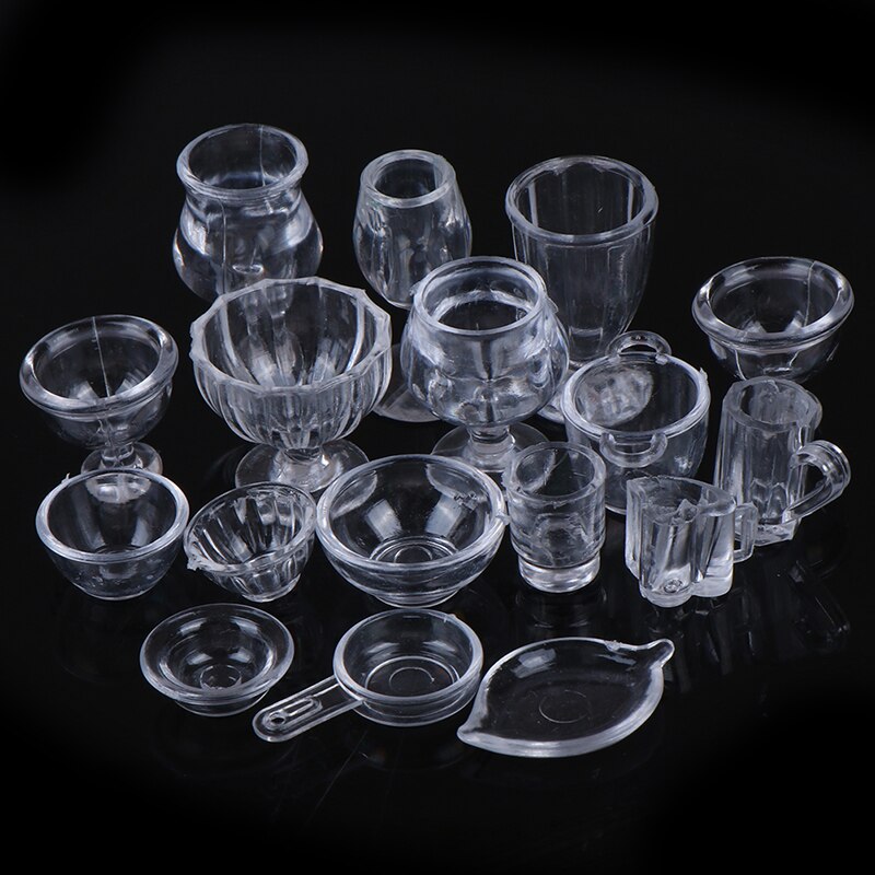 17Pcs/Set Mini Transparent Kitchenware Toy Drink Cups Dish Plate Tableware Miniatures DIY Pretend Play Toys