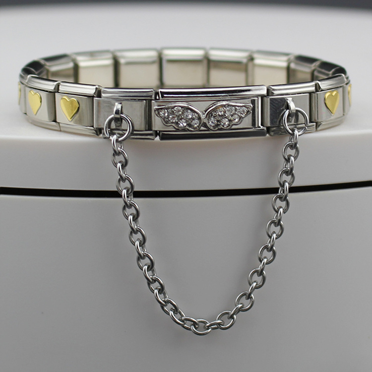 Glücks-Armbinde für damen aus edelstahl, 9mm- teilig, mit flügelgliedern, blumen- und herzanhänger, armreif, schmuck  g64-10: B