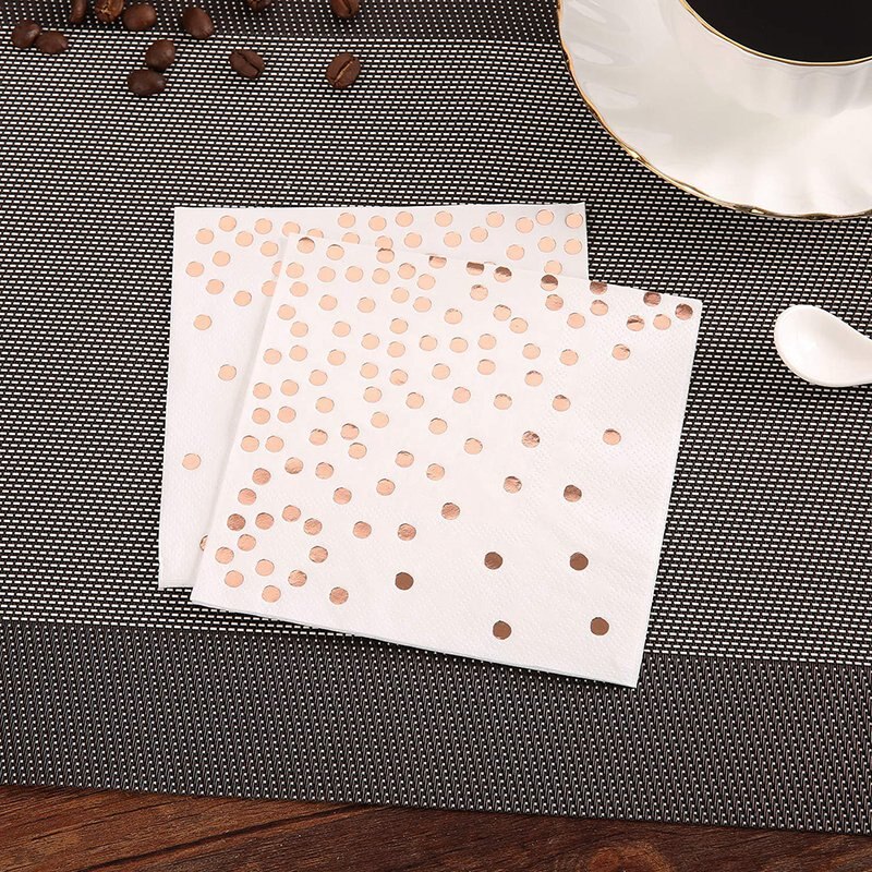 Cocktail-paperilautasliinat, jotka on leimattu ruusukulta-foliolla pilkkuvalkoinen paperilautasliina, jota käytetään laajasti baareissa, kahviloissa, juhlissa