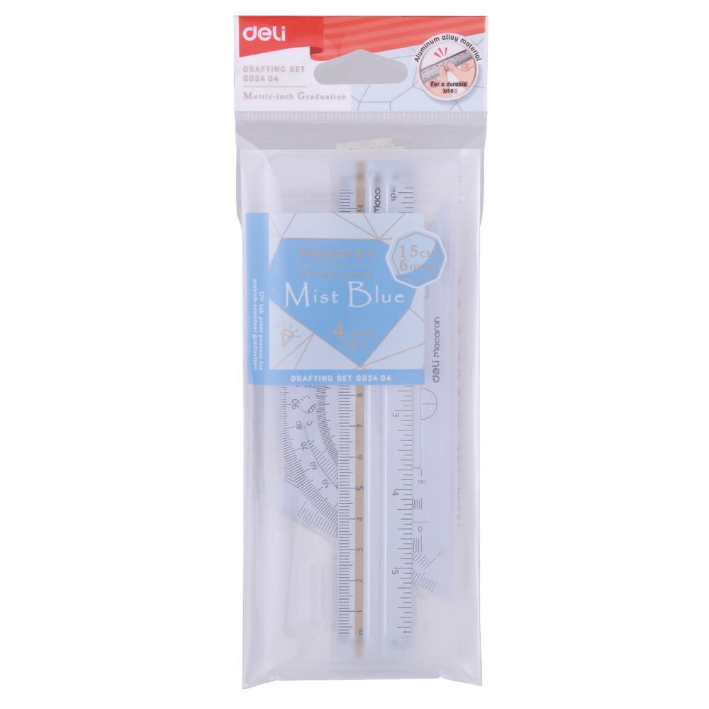 DELI EG02404 Ruler Set aluminum alloy 4pcs/set Drawing Measurement Geometry Triangle straightedge Protractor a variety of rulers: Blue