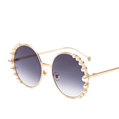 Gafas de sol COOLSIR para mujer, lujosas gafas de sol de perlas, gafas de sol redondas Vintage para mujer, gafas de sol de Metal dorado UV400: gray gold