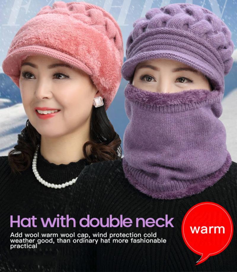 Women Bib Beanie Hat Pom Bobble Scarf Mask Ear Set Knitted Winter Warm Snow Ski Cap Thicken Plus Velvet Warm Scarf Knitted Hat