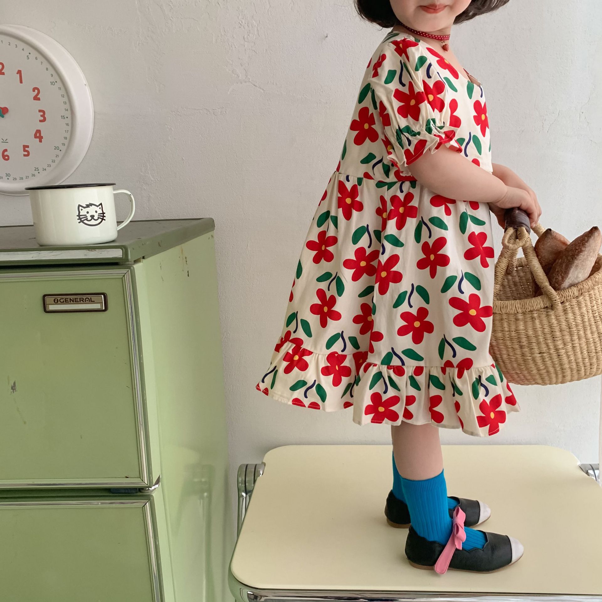 Abiti da bambina a maniche corte in cotone con stampa floreale carina per bambina 2-6Y: red / 2T