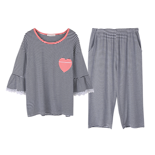 Pijama de fibra de bambú para mujer, traje de manga corta con cuello redondo, Capris a rayas, ropa cómoda para el hogar, primavera y verano,: Gris oscuro / XXL