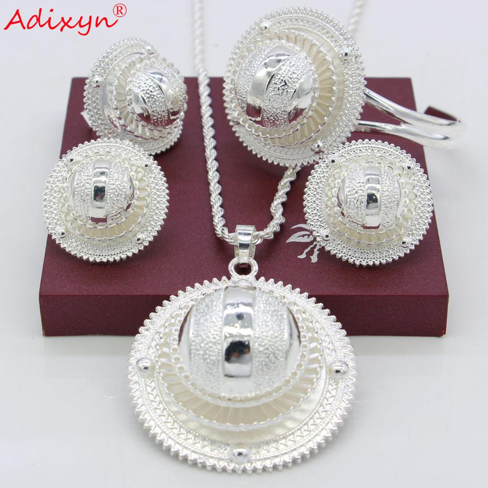 Adixyn Silver Ethiopian Necklace/Pendant/Earrings/Ring/Bangle Jewelry sets Silver Color Habesha African Wedding N06155