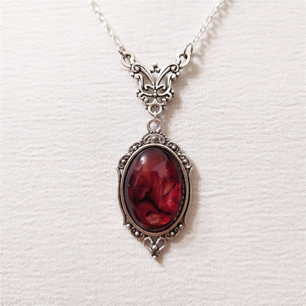 Gotische Bloed Rode Kwarts Charme Ketting Ovale Hanger Ketting Voor Vrouwen Halloween Vampier Reliëf Heks Sieraden Vintage Chokers