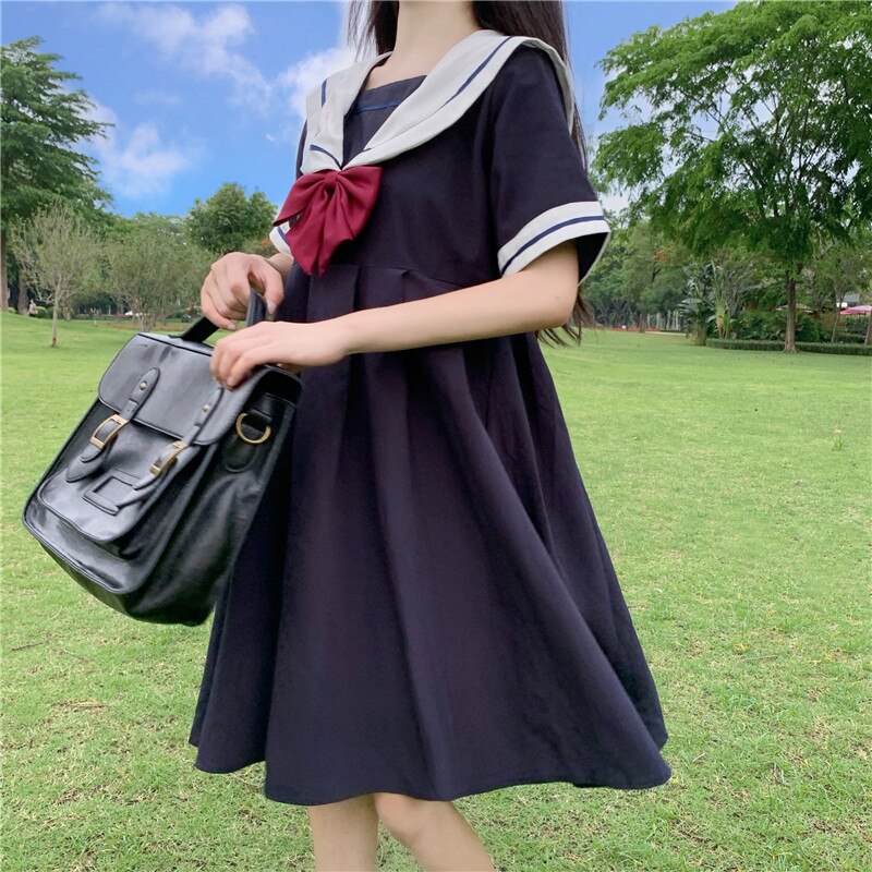 Lolita klänning college stil hög midja marin krage cospaly dam kawaii mellanlång kortärmad klänning