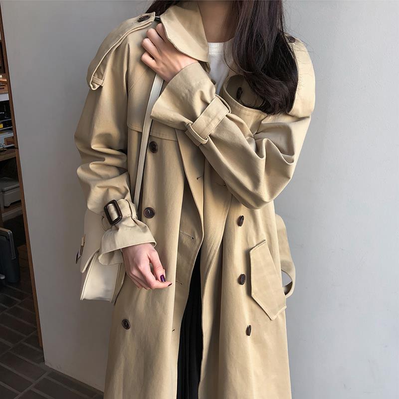 Gabardina larga de color caqui para mujer, abrigo cortavientos de doble botonadura, ajustado, estilo coreano, cómodo, para primavera y otoño: XL
